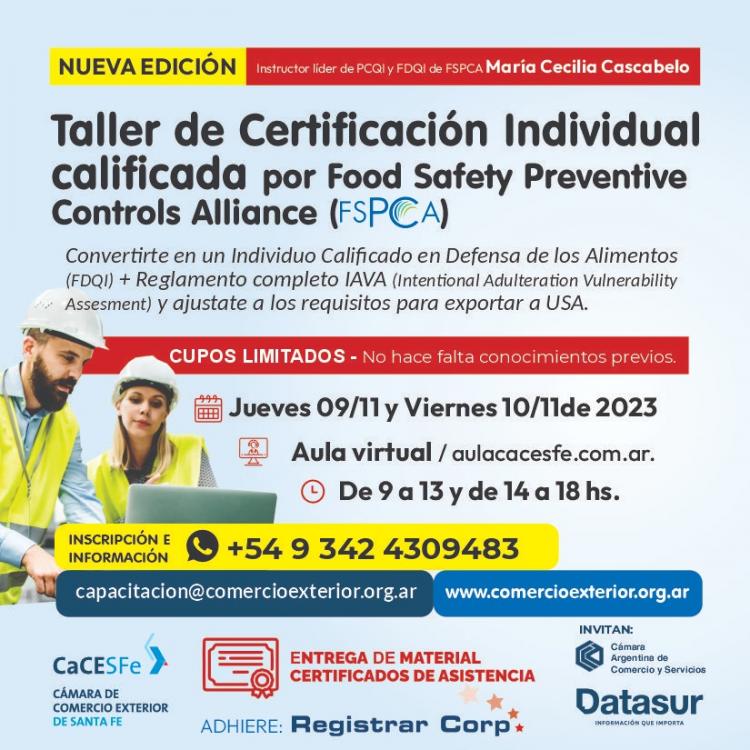 Taller de Certificacion Individual calificada por Food Safety Preventive Controls Alliance (FSPCA) - 09/11 y 10/11
